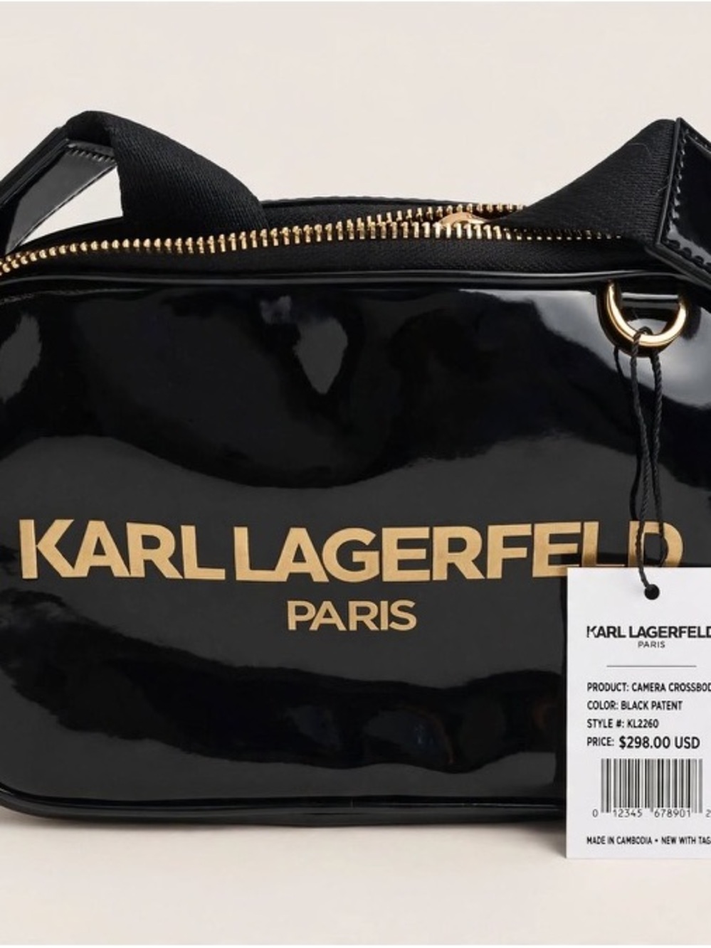 Karl Lagerfeld Black Patent Logo Camera Crossbody with Gold Accents